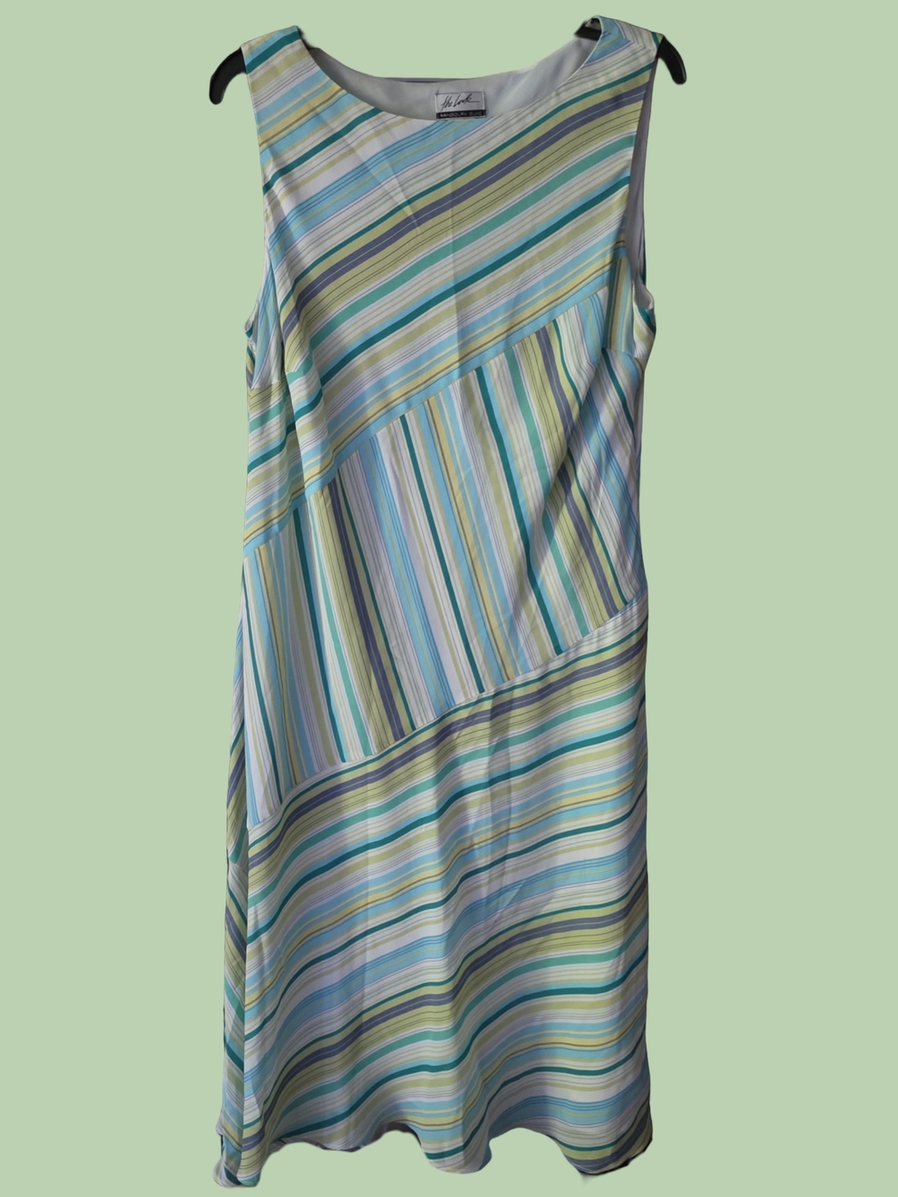 The Look Randolph Duke Green, Blue & White Striped Silk Sleeveless Dress